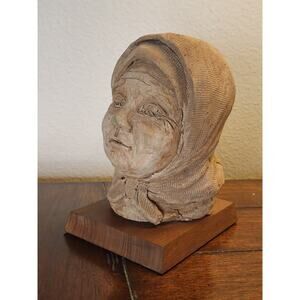 Vintage 1982 Signed Old Babushka Lady Primitive Clay Sculpture Peasent Woman